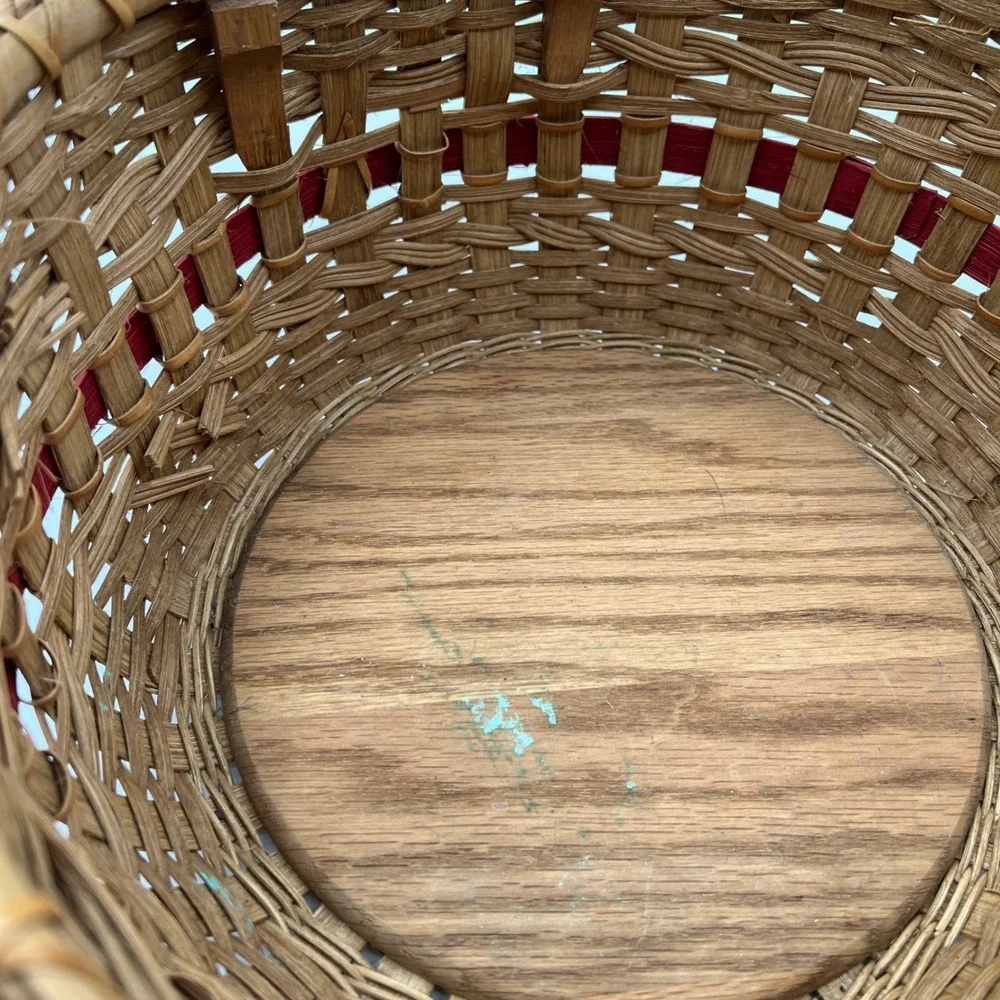 Handmade Round Woven Basket Wood Base Red Accent Band Bentwood Handles 11in